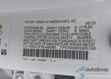 2020 Honda Accord Lx z USA, uszkodzony, nr VIN 1HGCV1F18LA092382